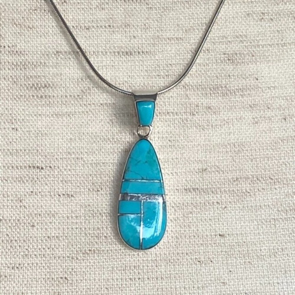 Sterling Silver Inlay Turquoise Teardrop Pendant n - Picture 5 of 14